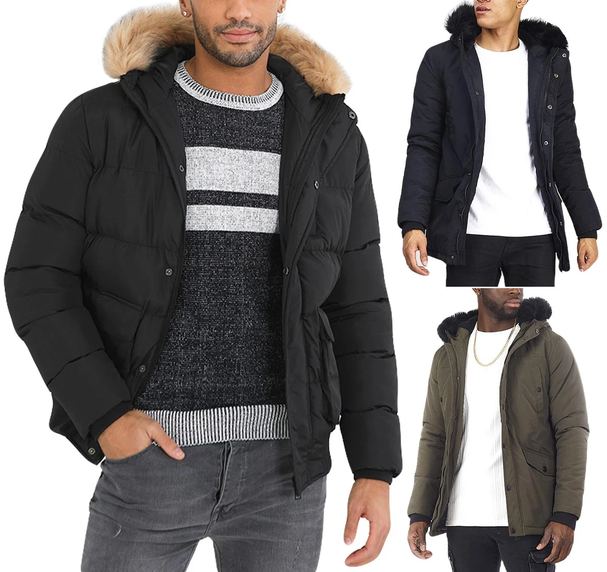 Mens Padded Jacket Winter Warm Puffer Faux Fur Parka Hooded Coat