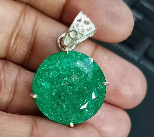 Colgante de plata maciza 925 con piedras preciosas sueltas de esmeralda verde natural certificado de 26 quilates - Imagen 9 de 10