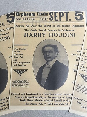 Harry Houdini, Beautiful Reprint Handbill, Orpheum, Montreal, Sept 5, 1911, NICE