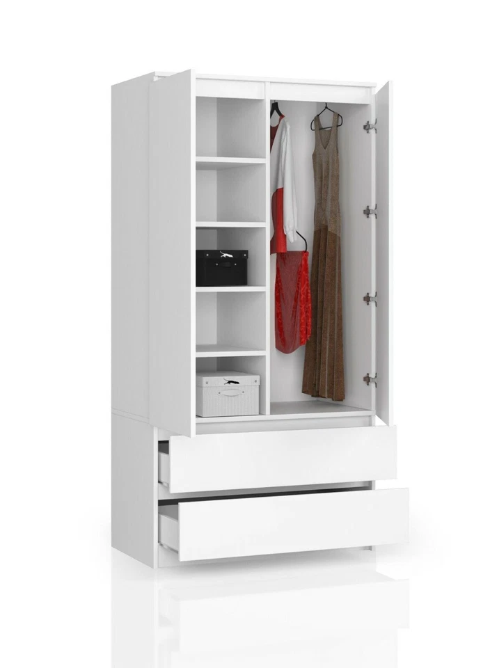 Armoire 2 portes, 4 étagères, cintres, 2 tiroirs 180x90x51cm - Photo 1/4