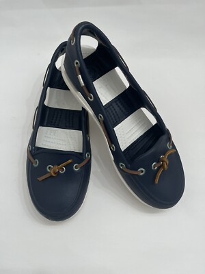 CROCS Beach Line Boat Shoes Navy Blue Brown Lacing Flat Slip