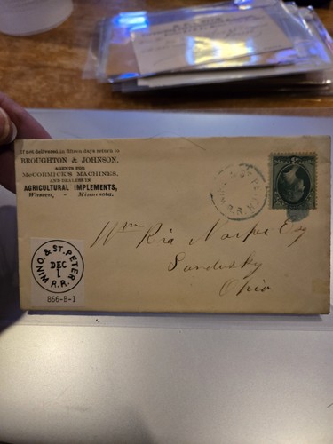 Rare 1800s Winona & St. Peter Minnesota Railroad Railway Cover To Sandusky Ohio