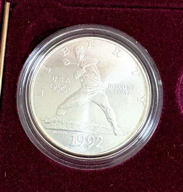 1992 Olympic Baseball Commemorative Silver Dollar + Clad 50c Pc Gymnastics - Image 2 of 4