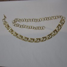 Vintage Metal Chain Link Belt Gold Tone Greek Key 40" Long, 1" Wide