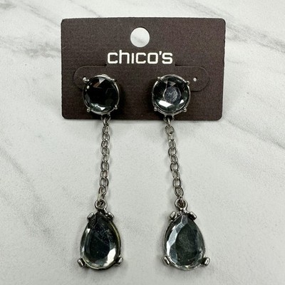 Chico's Edmee Linear Rhinestone Drop Silver Tone Earrings Pierced Pair