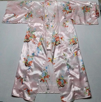 NWOT Ichi Ban Women's Japanese Geisha Kimono Pink Floral Print Open Robe Size L