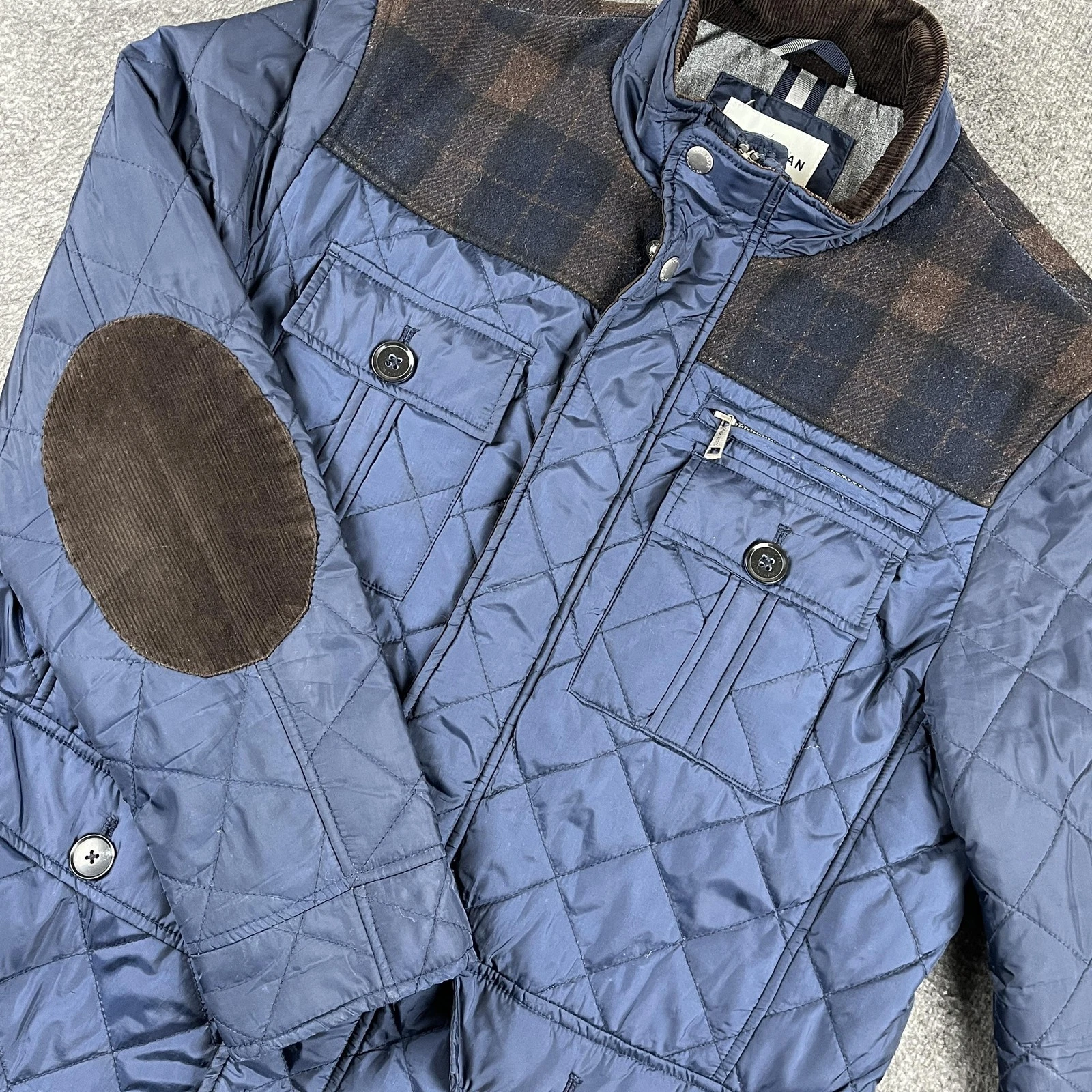 Cole Haan Signature Jacket Mens Medium Blue Quilted Plaid Yoke Elbow Patches
