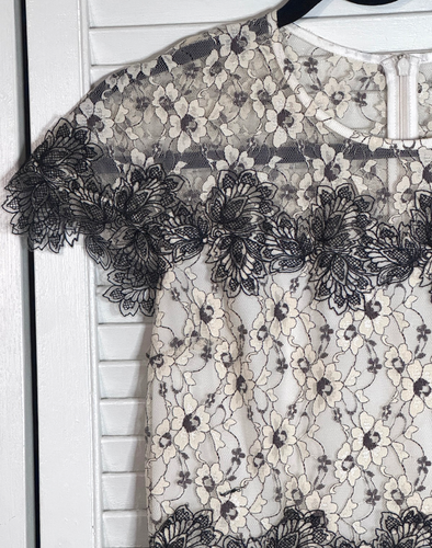 Sandro Paris Black Ivory Lace Floral Overlay Dress M Whimsical Romantic Elegant - Picture 3 of 21