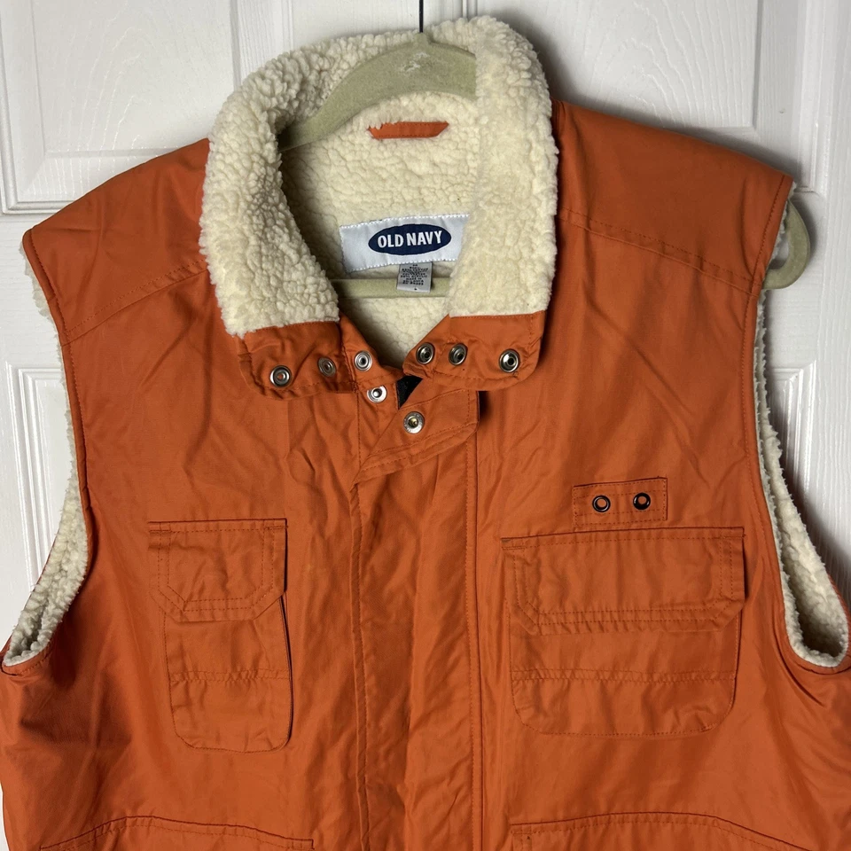 Vintage Old Navy Utility Vest Hunting Camping Outdoors Sherpa Lined Orange Men M - Image 2 of 4