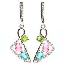 Multi Color Golden Citrine Tourmaline Green Peridot CZ Women Silver Earrings