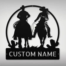 Personalized Western Couple Riding Horse Metal Sign Custom Wall Art Home Decor