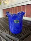 VTG Murano “Lavorazione Arte” Blue Ribbed Ruffle Art Glass Vase 5” Italy EUC