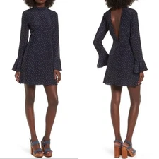 J.O.A. High Neck Fit & Flare Dress Navy Red Mock Neck Bell Sleeve Size Small