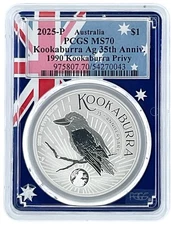 2025 Australia Silver Kookaburra 25th Anniv 1990 Privy PCGS MS70 Flag Frame