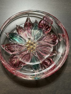 Poinsettia Lead Crystal Candy Dish Bowl Christmas Glass Red Green 5''