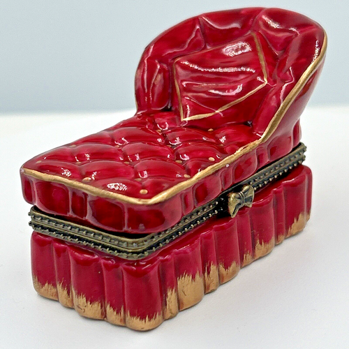 Vintage Rare Trinket Box Red and Gold Ceramic Luxury Chaise Lounge 2 in x 3 in