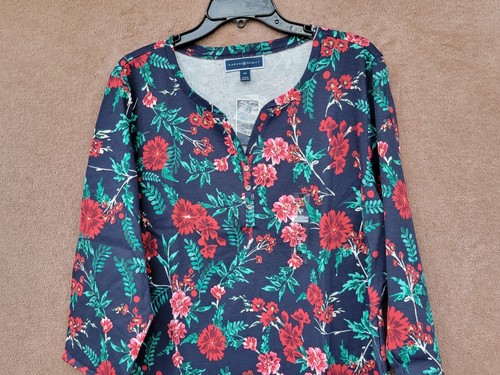*NEW* Karen Scott Red Florals on Dark Blue Top 3/4 Sleeve Henley Neck - NWT - Picture 7 of 24