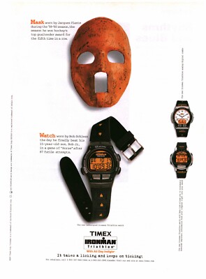 1997  PRINT AD - TIMEX IRONMAN TRIATHLON WATCH AD...JACQUES PLANTE HOCKEY MASK