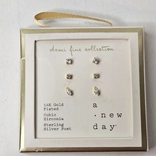 14K Gold Plated Earrings Set of 3 Cubic Zirconia Sterling Silver Post A New Day