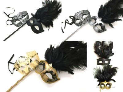 Black Masquerade Stick show girl Feather mask Birthday Dress up Costume Party