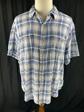 True Grit Mens 2XL Short Sleeve Plaid Button Up Double Gauze Shirt Tartan Blue