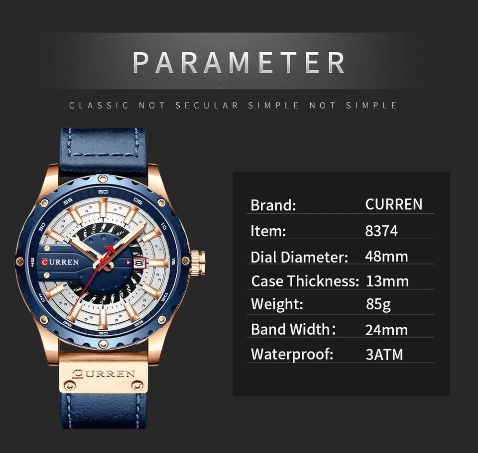 CURREN Men Leather Watch Casual Male Quartz Watches Fashion Calendar Wristwatch - Image 3 of 4
