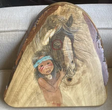 Natural Wood Slab Live Edge Painted Native American Girl Horse Art 12” x 12” EUC