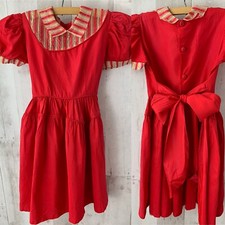 Vintage 1950s BABY INFANT DOLL DRESS Red Taffeta wStriped Organza 26 chest