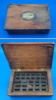 Circa 1900 EDMONDSON railway ticket dating machine type blocks in wooden box