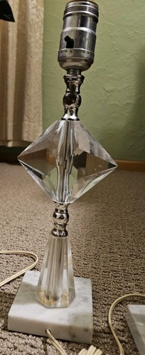 Vtg Set 2 Small Table Lamps Prism Glass Art Deco Brass Marble Base Orig Shades - Picture 3 of 5