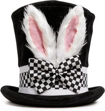 Mad Hatter Costume Hat with Checkered Bow, Black Top Hat with White Bunny Ears a