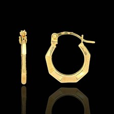 14K Solid Yellow Gold Polished Ribbed Texture Octagon Mini Hoop Earrings - 12mm