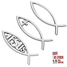 3PCS Silver Jesus Fish Car Emblem 5.5x1.8in Plastic Christian Fish Platinum