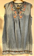 VINTAGE AMERICA BLUES-Size S-Chambray Denim Jean Dress W/ Embroidered Neck/Hem