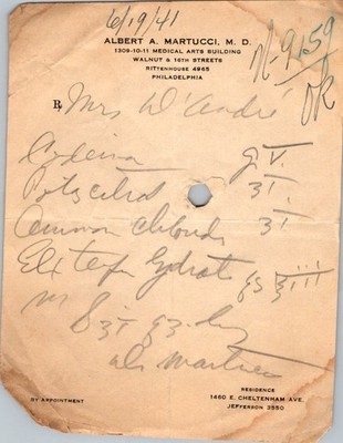 1941 Medical Prescription Script Dr Albert A Martucci MD 