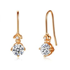 Rose Gold Plated Dangle Drop Earrings with 6mm Round CZ, 925 Sterling Silver Pos
