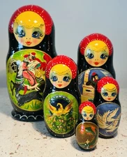 Russian Matryoshka Nesting Doll 5 Piece Fairy Tale Scene 7 “ Hand Painted Signed