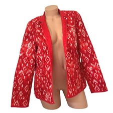 Chicos Red Ikat Quilted Open Front Jacket Size 2 Large Diamond Print Cotton