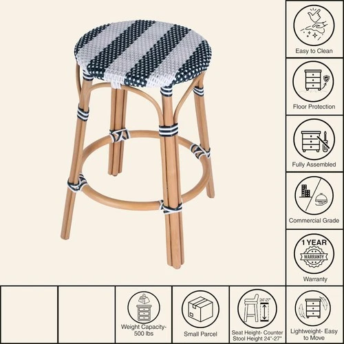 Tobias Rattan Round 24" Counter Stool, White and Navy Stripe - Picture 3 of 5