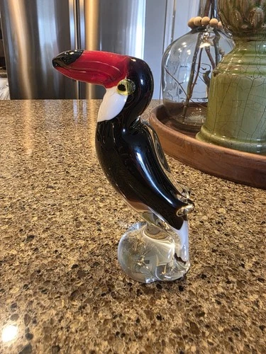 Vintage Murano Style Art Glass Toucan Figurine Red Beak Black Bird MCM 6.5”