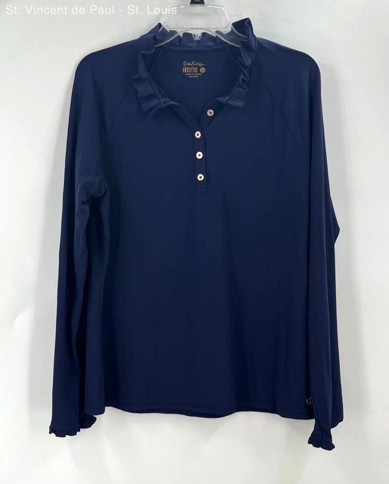 Lilly Pulitzer Womens Blouse Navy Solid Luxletic Long Sleeve Pullover Top XL