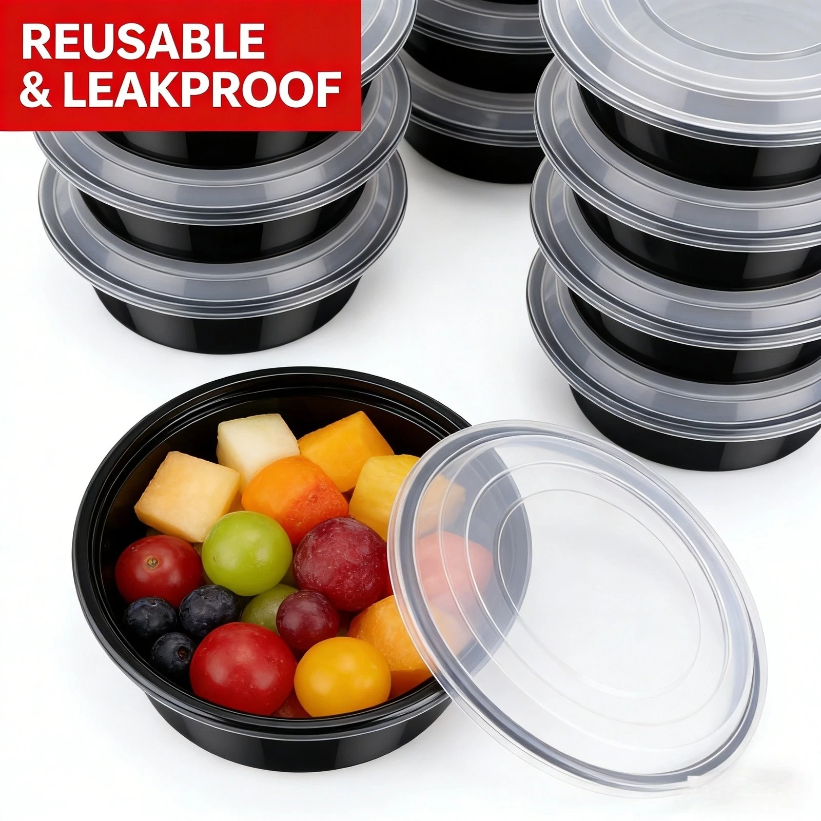 150 Pack 48oz Black Round Food Storage Containers Microwave Dishwasher Safe Pack