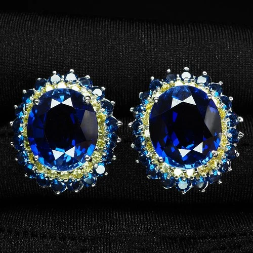 Classically Vivid Blue Sapphire 17.75Ct 925 Sterling Silver White Gold Earrings