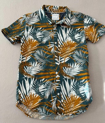 Denim & Flower Shirt Boys Size 11/12 Green Hawaiian Collared Short Sleeve Button