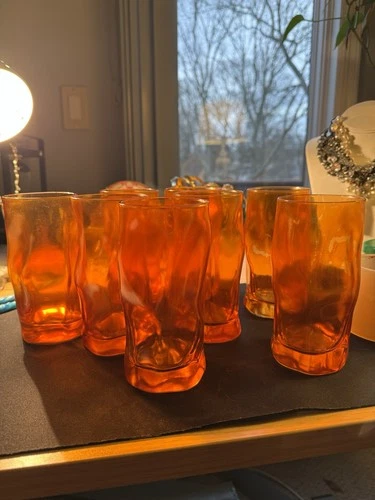 Mid Century Modern Amber Blenko Style Art Glass Tumbler Late 1950-1970s 8 Pieces
