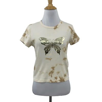 Stradivarius Shirt Womens S Small Sand Butterfly Motif Tie Dye Crew Cropped Tee