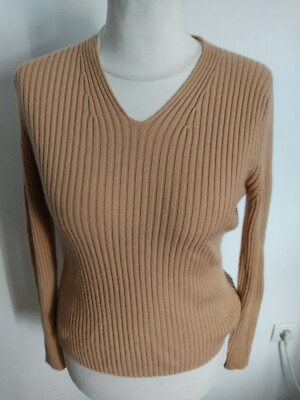 ELEGANCE schöner Rippenstrickpullover beige 100 % Kaschmir Gr. 38 TOP (ZC814)