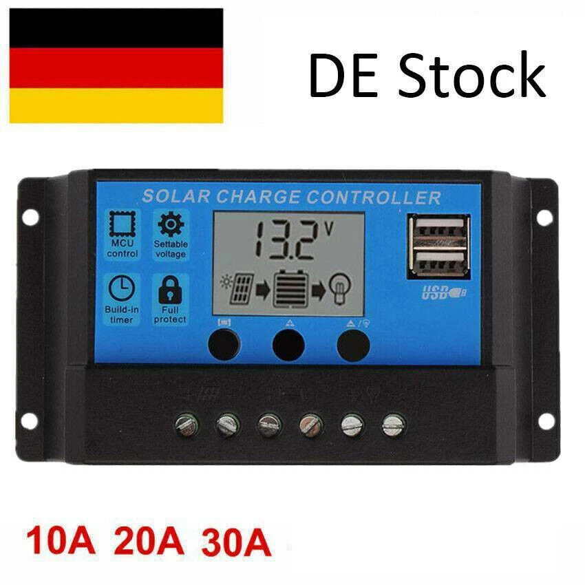 10A/20A/30A LCD Solarladeregler 12V/24V Solar Photovoltaik Laderegler Daul USB