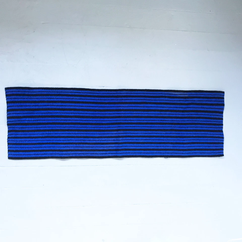 Vintage Handwoven Black and Cobalt Blue Striped Rectangular Wool Table Runner - Image 3 of 4