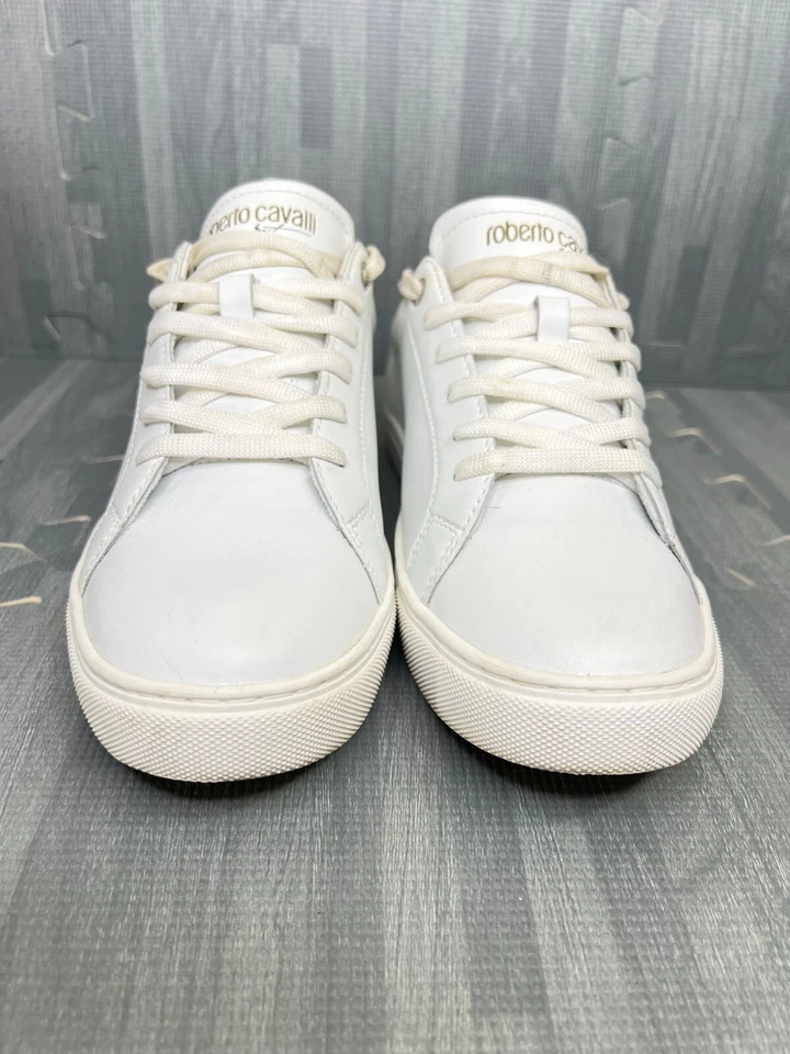 Zapatillas deportivas Roberto Cavalli para mujer talla 7,5 de cuero de caña baja blancas/doradas brillantes Foto 4 de 4